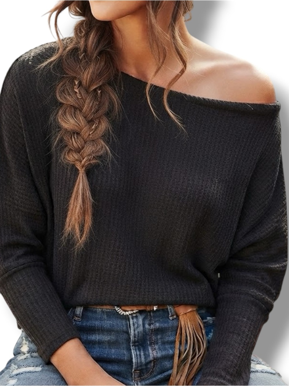 Umgee NWT Sweet Success Black Waffle Knit Off The Shoulder Batwing Sweater M